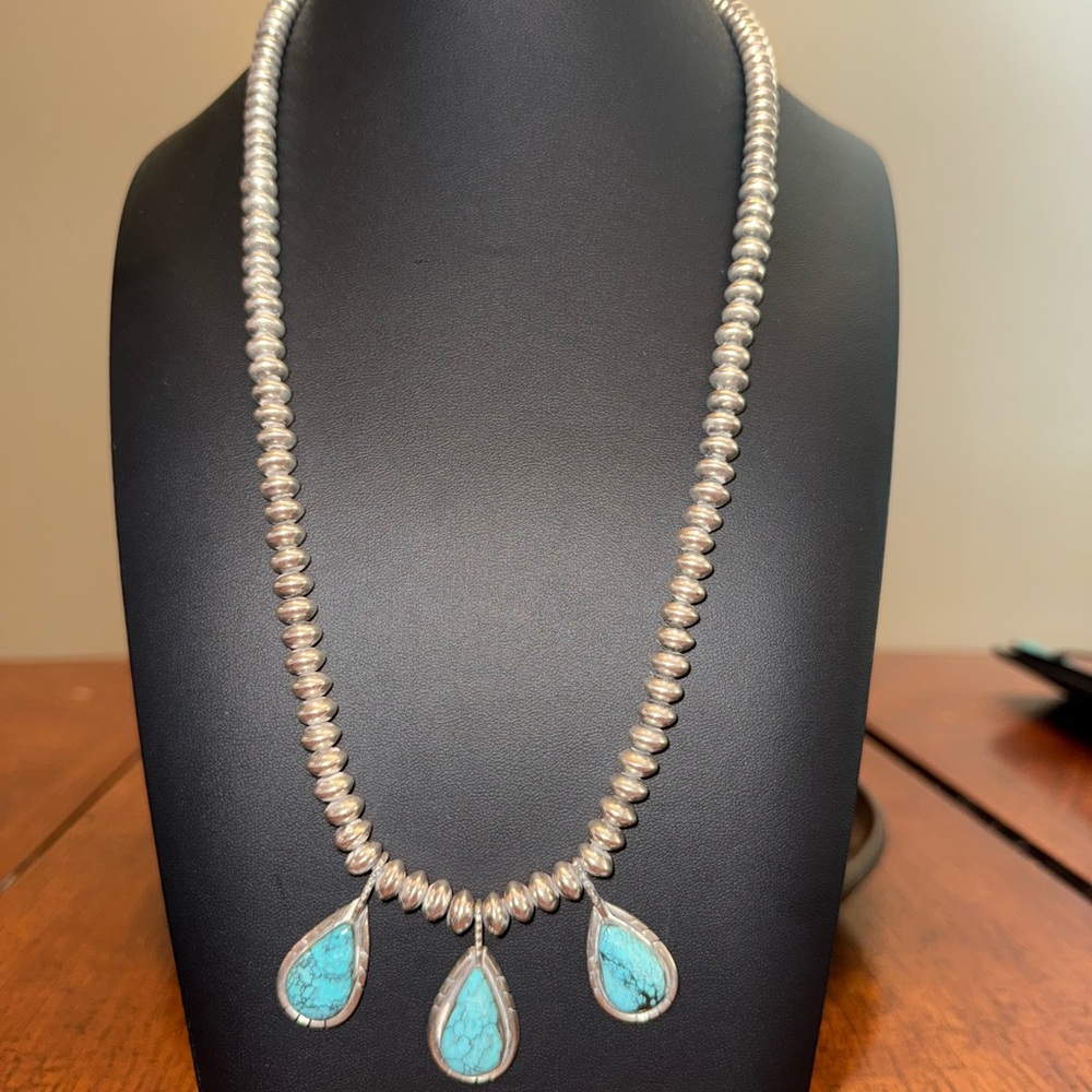 Very OLD “RB” .925 Spiderweb Turquoise Saucer Bench Bead Necklace